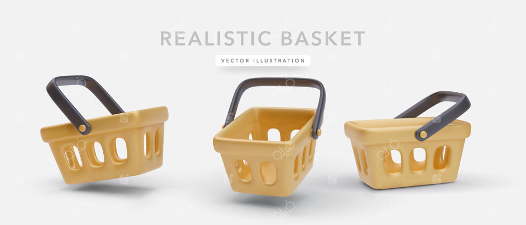 مجموعه‌ای از سبد خرید سه‌بعدی زرد واقعی با سایه در پس‌زمینه سفید. تصویر برداری وکتور