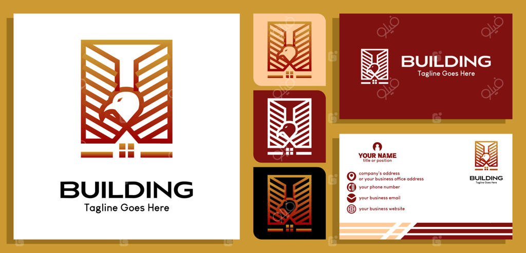 طرح لوگوی ساختمان: نماد سر عقاب و خانه با خطوط لوکس. لوگوی خلاقانه برای ساختمان‌سازی، ساخت‌وساز، معماری یا مسکن. به همراه قالب‌های طراحی کارت ویزیت. تصویر برداری.