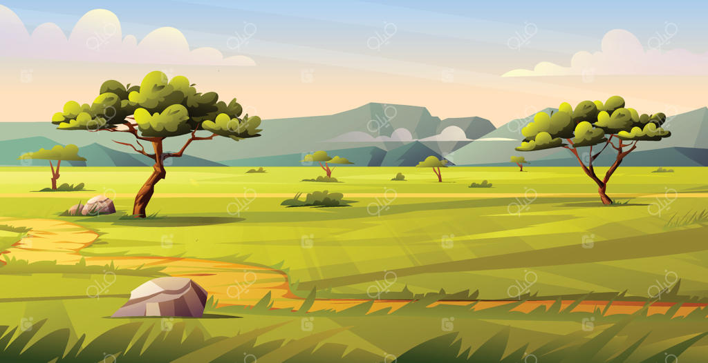 منظره ساوانا با درختان، راه پیچان در میان چمنزار و آسمان روشن، نمایش‌دهندهٔ دشتی وسیع. تصویرسازی کارتونی