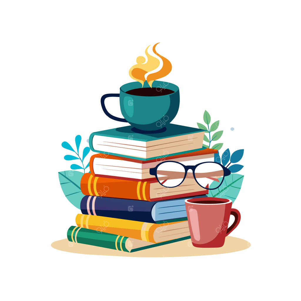 یک توده کتاب با عینک روی آن‌ها و یک فنجان قهوه