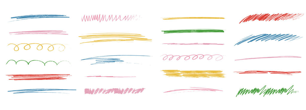 خطوط گچی و خطوط موج‌دار، طراحی دستی و حاشیه‌های ضخیم، حرکت نرم. خطوط طرح‌مانند و موج‌دار با بافت مداد شمعی