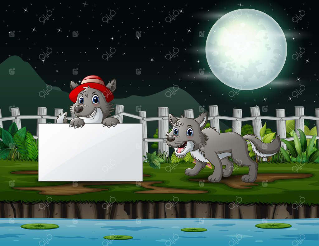 چشم‌انداز شبانه با دو گرگ در کنار دریاچه