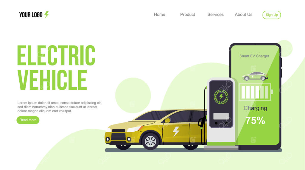 صفحه فرود وب‌سایت شارژر هوشمند خودرو برقی با تصویرسازی انرژی پاک دیجیتال