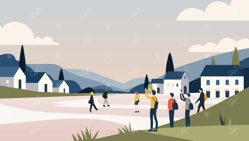 صحنه شهری با افراد به سبک ساده. تصویرسازی از گردشگران در حال تور. نمای پانورامایی از یک شهر کوچک.