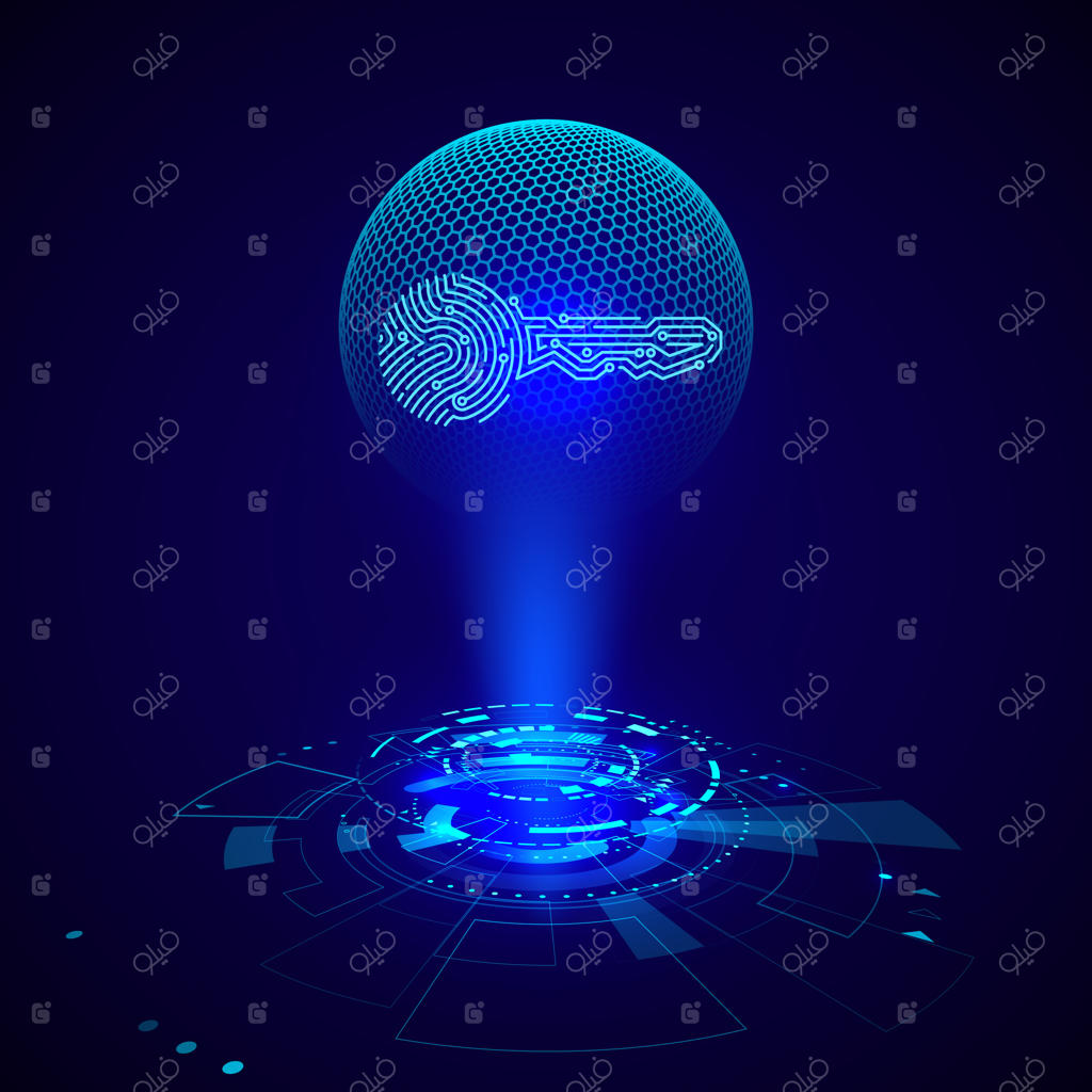 هولوگرام اثر انگشت کلید مدار: عناصر پیشرفته رابط کاربری آینده‌نگر. تصویرسازی برداری علمی-تخیلی آینده‌پردازانه.