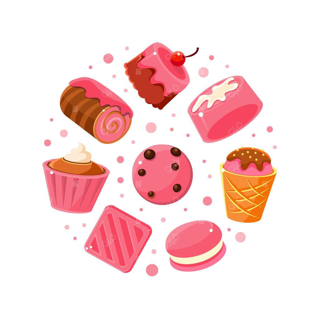 بنر دسرهای خوشمزه با شیرینی‌های گرد، نانوایی، فروشگاه آبنبات، کافه، طراحی شیرینی‌جات به سبک کارتونی