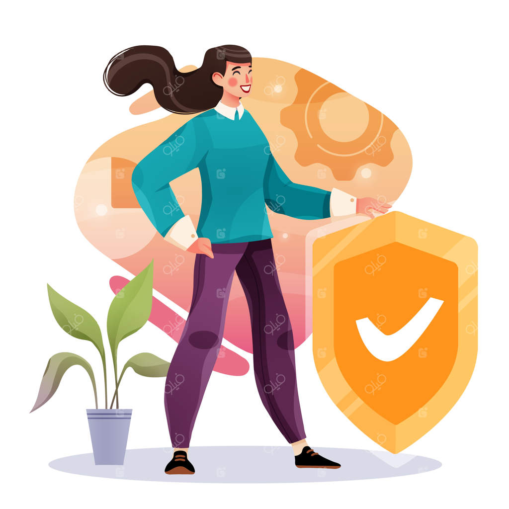 زن تاجر با سپر طلایی؛ مفهوم ایمنی و محافظت از خطرات بیمه‌ای