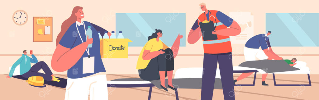 داوطلبان به پناهندگان در پناهگاه در شرایط جنگ، بلایای طبیعی یا حوادث کمک می‌کنند - تصویرسازی وکتور