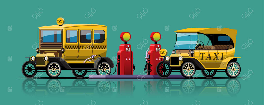 تاکسی‌های کلاسیک کروکی برای سوخت‌گیری در صف ایستاده‌اند