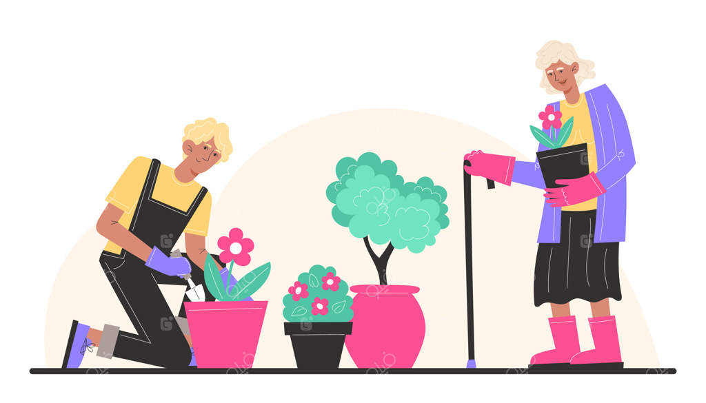 مادربزرگ و نوه‌اش گل‌ها را در باغچه می‌کارند و آب می‌دهند