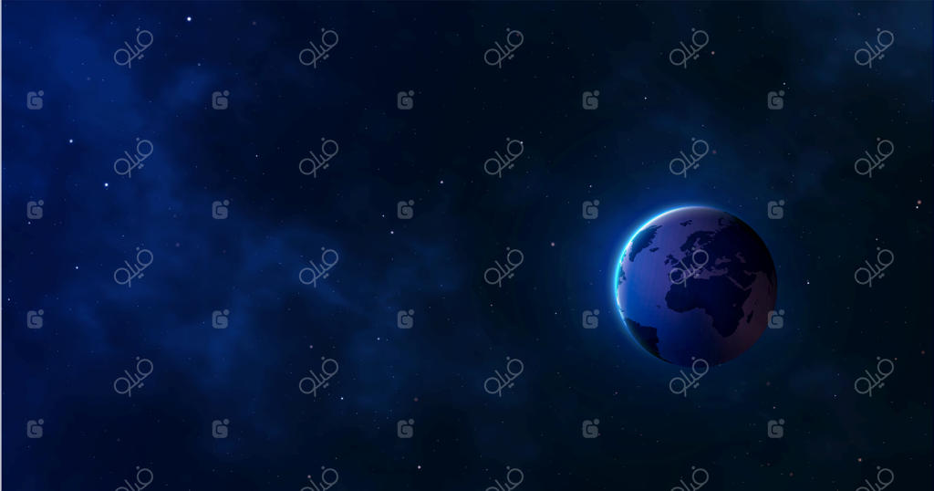 زمین و کهکشان: تصویر واقع‌گرایانه‌ای از سیاره زمین در میان ستارگان و سحابی‌ها در فضای بیرونی. تصویرسازی وکتور