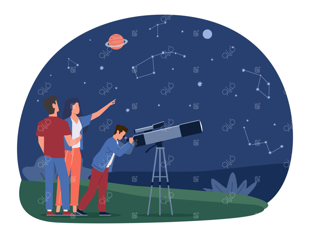 تصویر وکتور کارتونی از پدر، مادر و فرزند در حال رصد ستارگان و سیارات با تلسکوپ؛ مفهوم تفریح خانوادگی و آموزش نجوم