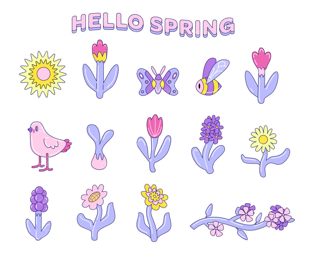 عناصر بهاری: گل‌های زیبا، پروانه، پرنده و زنبور - برچسب‌های رنگارنگ و بامزه بهاری