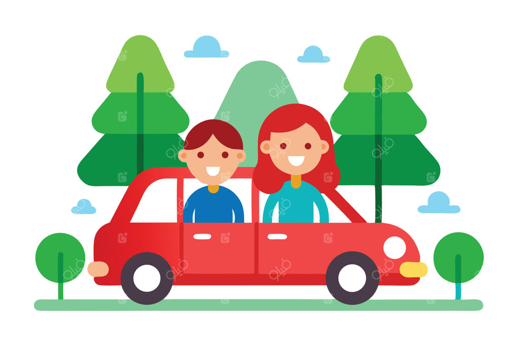 پسر و خانمی خندان، با خودروی قرمزی کنار درختان سبز در حال رانندگی هستند.