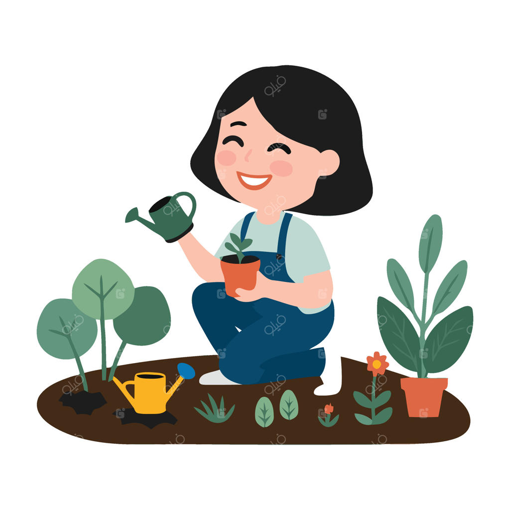 زنی در حال آبیاری گیاهان در باغ است.