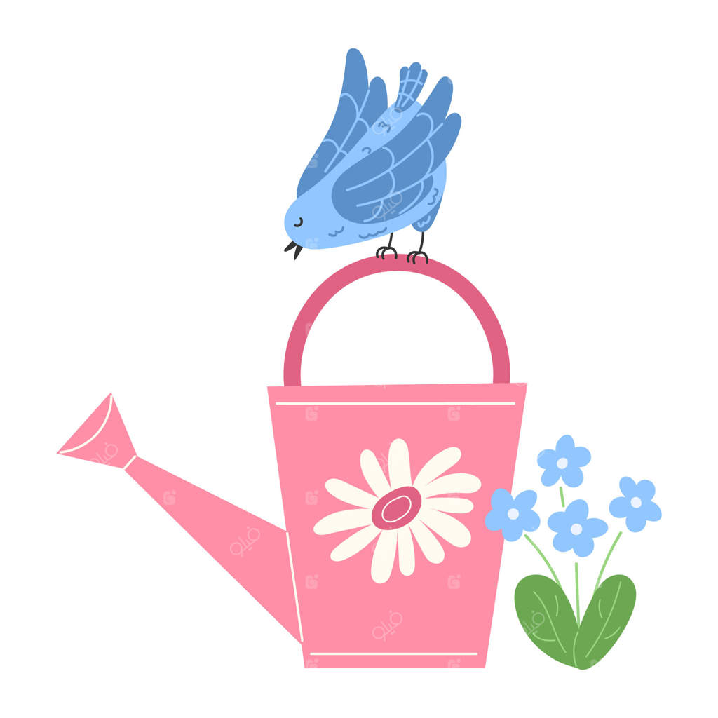 پرنده آبی بر روی آبیاری صورتی در میان گل‌های آبی روشن و ابزارهای باغبانی بهاری