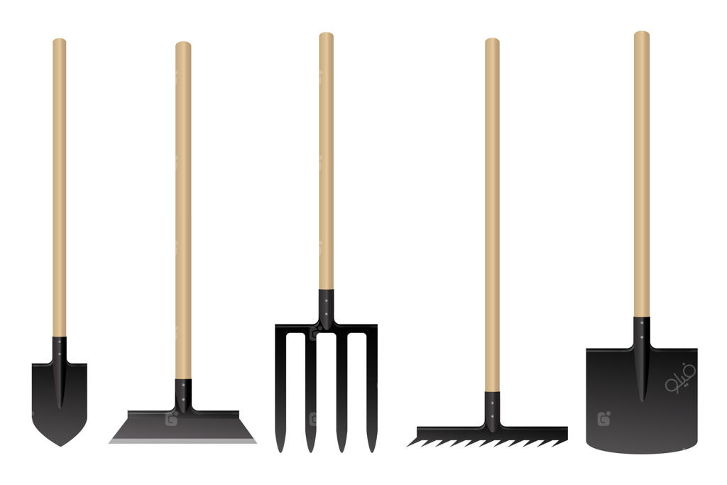 ابزار باغبانی: بیل، چنگک، شن‌کش