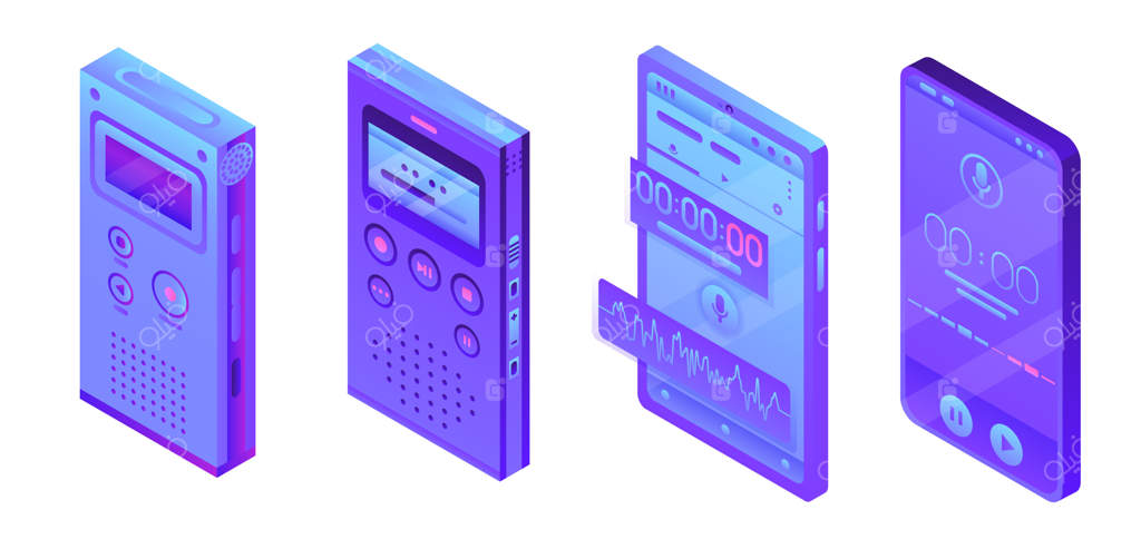مجموعه آیکون‌های ضبط صوت، به سبک ایزومتریک