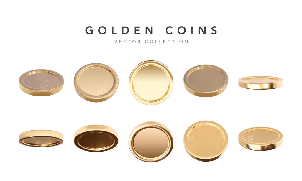 مجموعه‌ای از سکه‌های طلای سه‌بعدی خالی در موقعیت‌های مختلف.