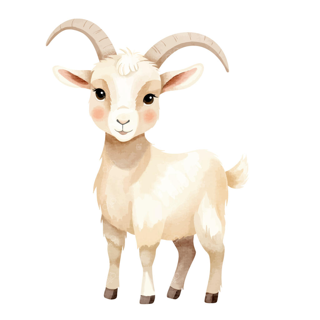 بز بامزه به سبک آبرنگ. حیوانات مزرعه نگارگری شده. بز آبرنگی.