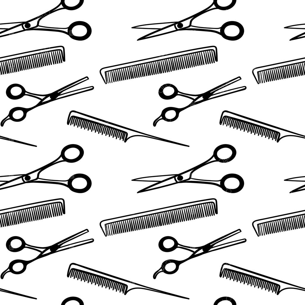 پترن یکپارچه آرایشگاه: طرح سیاه روی پس‌زمینه سفید. چاپ مخصوص آرایشگاه مردانه. مجموعه‌ای از لوازم آرایشگری مردانه روی زمینه سفید.