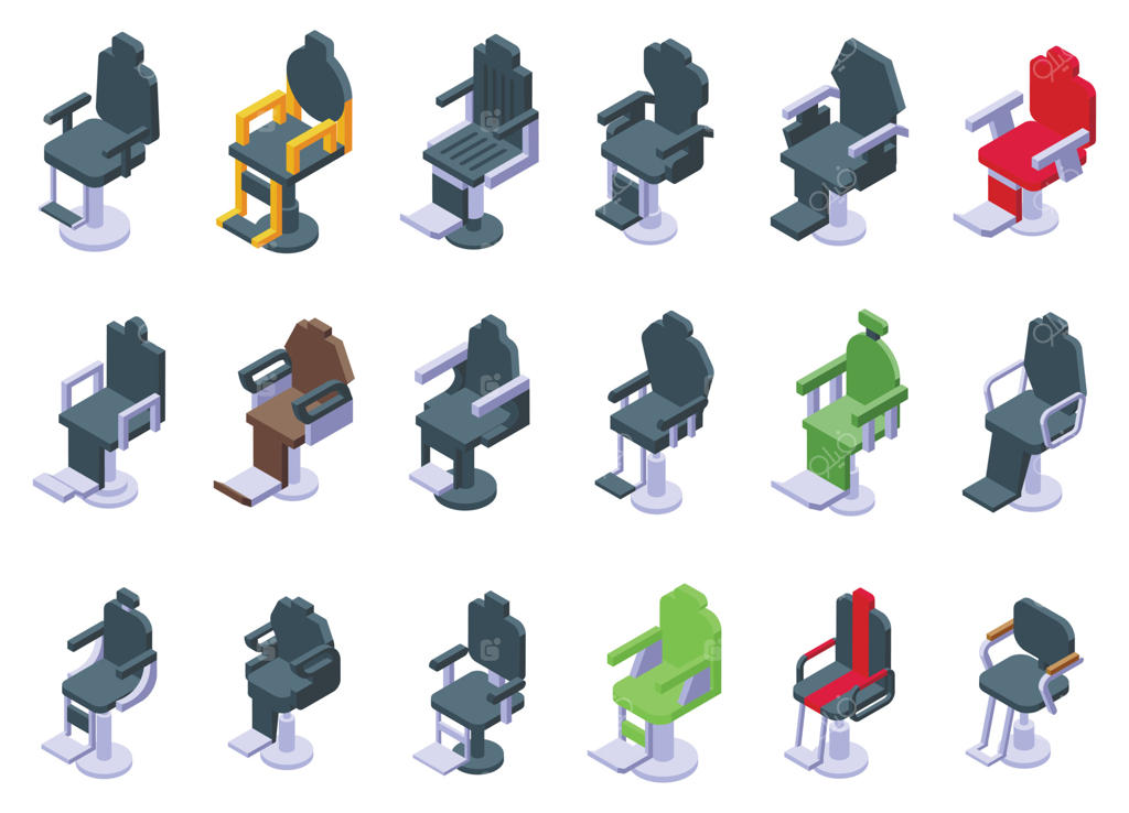 مجموعه آیکون‌های صندلی آرایشگر به صورت ایزومتریک. سالن پیرایش مو