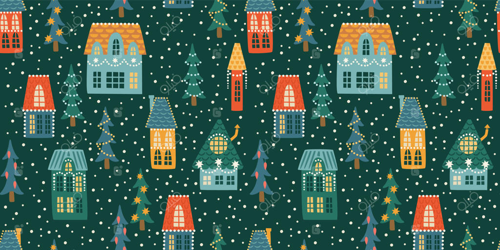 طرح یکپارچه کریسمس و سال نو مبارک. شهر، خانه‌ها، درخت‌های کریسمس، برف. نمادهای سال نو.