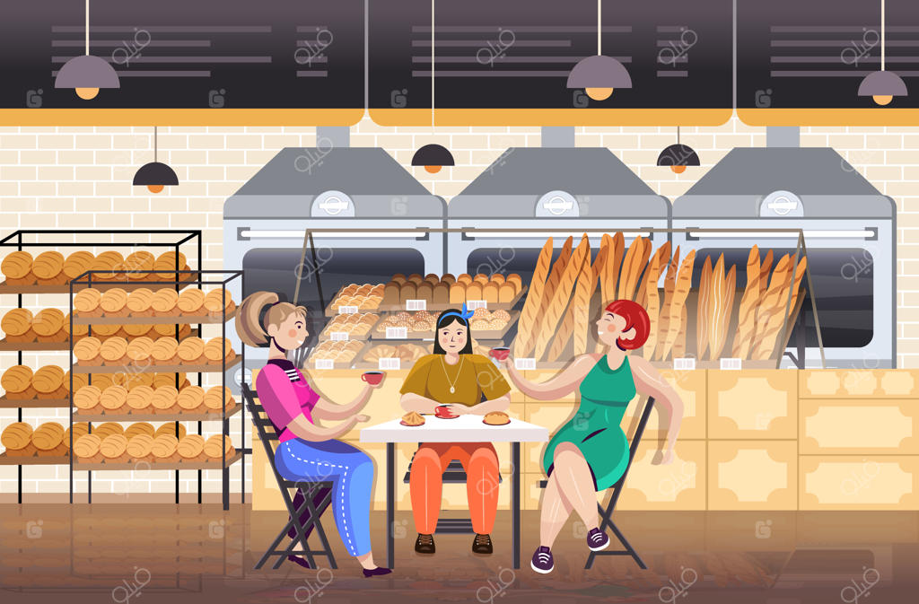 زنان در نانوایی: دوستان در حال نوشیدن قهوه و گفتگو در صبحانه داخل رستوران - تصویر افقی