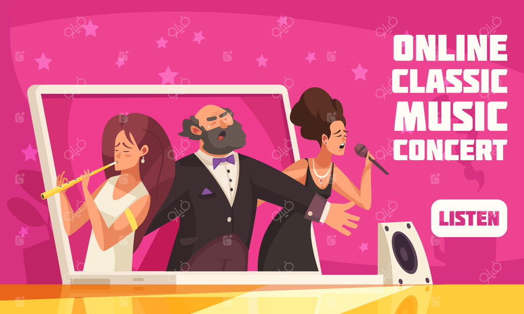 صفحه فرود کنسرت آنلاین موسیقی کلاسیک با دکمه گوش دادن و حضور هنرمندان و خوانندگان مشهور