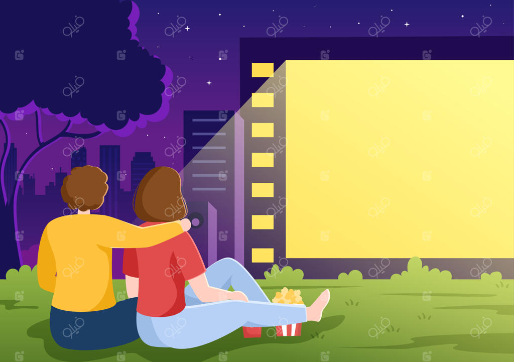 شب سینما در فضای باز با سیستم صوتی برای تماشای فیلم بر روی پرده بزرگ - طراحی مسطح برای پوستر یا بنر