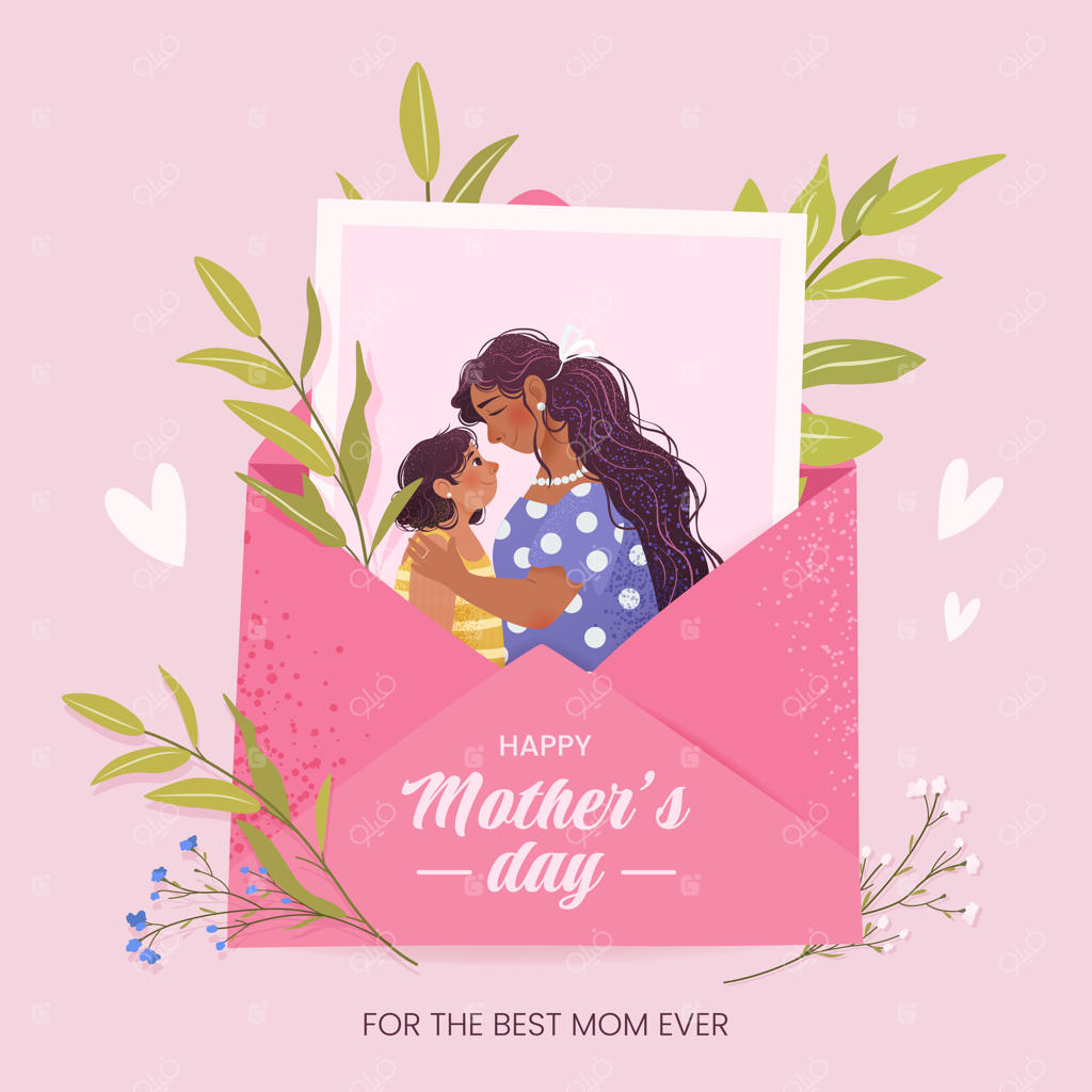مفهوم روز مادر مبارک: کارت یا پوستر تبریک جشن. عکس مادر و دختر در پاکتی همراه با گیاهان و قلب‌ها. تصویرسازی زیبا و دوست‌داشتنی برای شبکه‌های اجتماعی به سبک تخت.