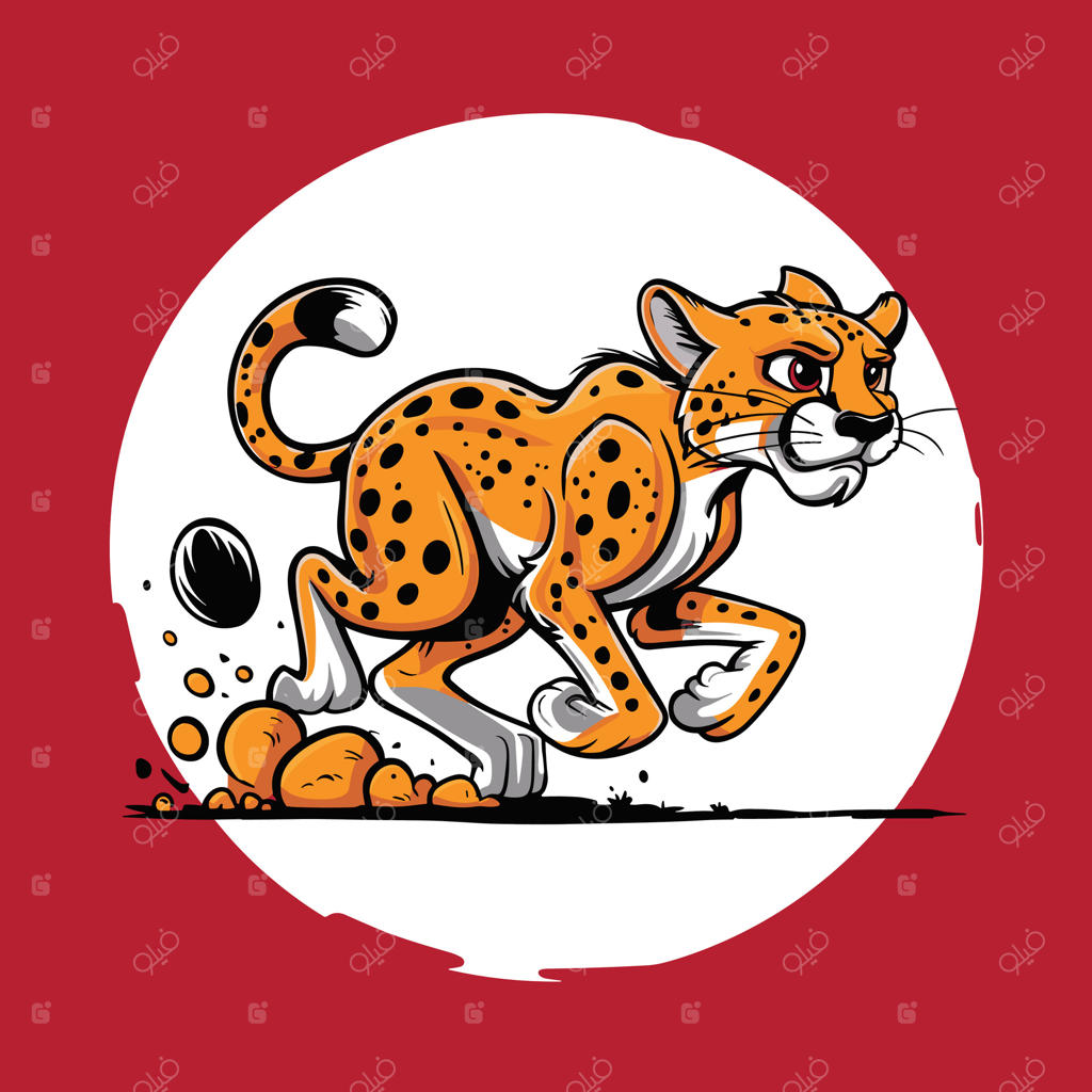 تصویرسازی یوزپلنگ کارتونی در حالت‌های مختلف: نشسته، ایستاده، در حال راه رفتن و دویدن. قرار گرفته بر روی زمینه سفید