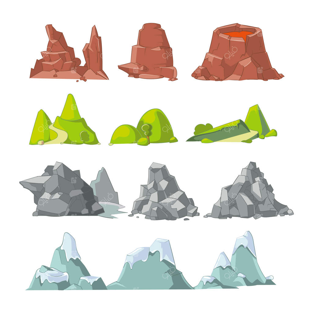 مجموعه وکتور کارتونی تپه‌ها و کوه‌ها. عناصر طبیعی تپه، برای مناظر فضای باز، تصویرسازی سنگ و برف