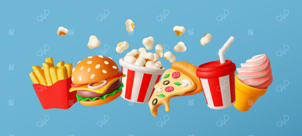 کشف تصاویر خوشمزه فست فود و تنقلات سه‌بعدی به صورت وکتور حرفه‌ای
