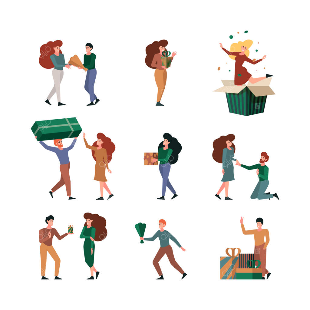 دریافت هدایا - افراد خوشحال بسته‌های هدیه مختلف با کادوهای رمانتیک، زوج‌های بغل‌کننده و عاشق - مجموعه وکتور پر زرق و برق