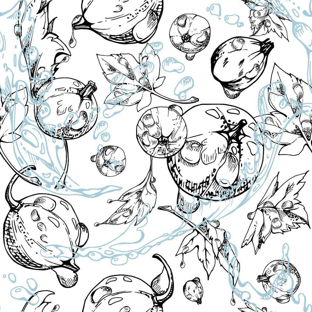 انگور فرنگی قرمز و انگور فرنگی در حال پرواز در آب با برگ‌های سبز و قطرات شبنم، توت‌های رسیده باغ. پترن یکپارچه و دست‌کشیده با جوهر. مناسب برای پارچه و کاغذ کادو.