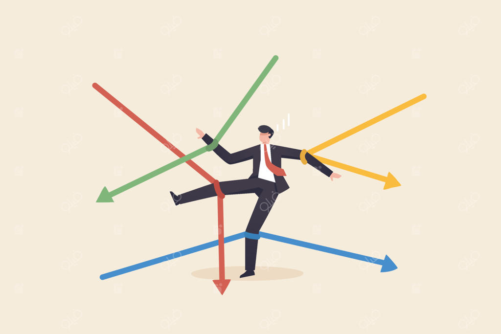 بازار سهام نمی‌تواند قیمت‌ها را کنترل کند: ریسک‌های نوسان سرمایه‌گذاری در بازارهای سهام و ارزهای دیجیتال. تاجری که به نمودار پیکان بسته شده است.