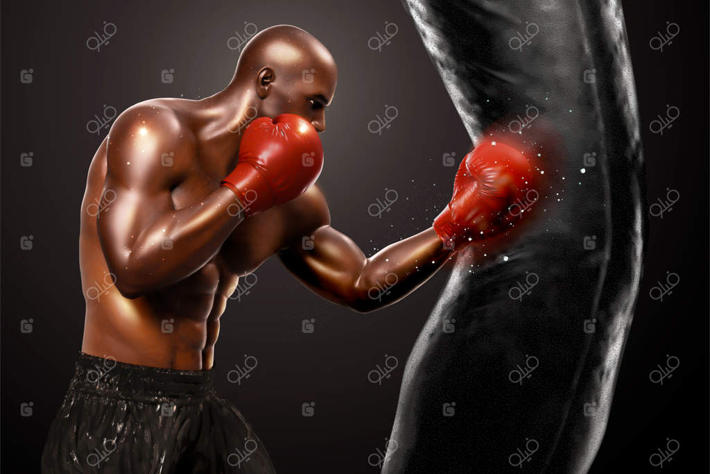 تمرین بوکسور قدرتمند با کیسه شن به سبک سه‌بعدی