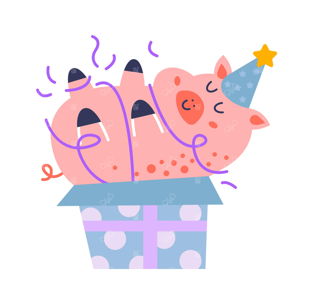 تصویر وکتور طراحی بچه‌گانه خوک بامزه در جعبه هدیه