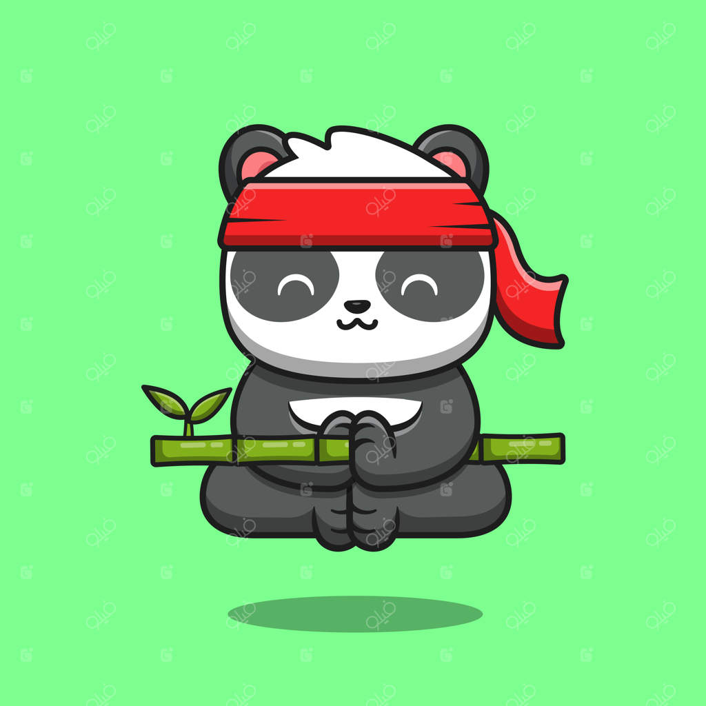 پاندای بانمک در حال مدیتیشن کونگ‌فو و نگه‌داشتن بامبو . مفهومی از حیوان و طبیعت . سبک کارتونی ساده و بامزه