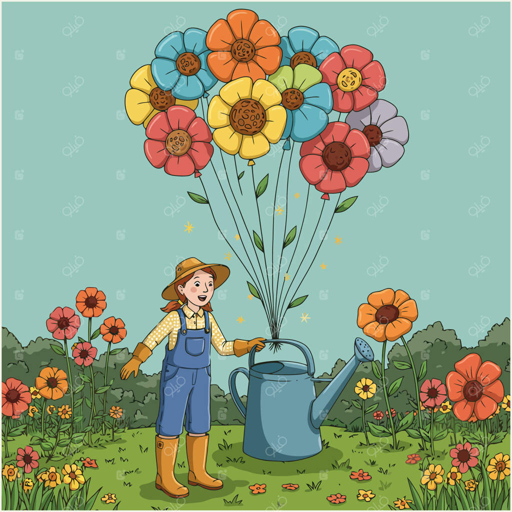 دختر باغبان شاد در حال مراقبت از باغش، با دسته‌ای از گل‌های رنگارنگ که مانند بادکنک در بالای آب‌پاش به پرواز درآمده‌اند.