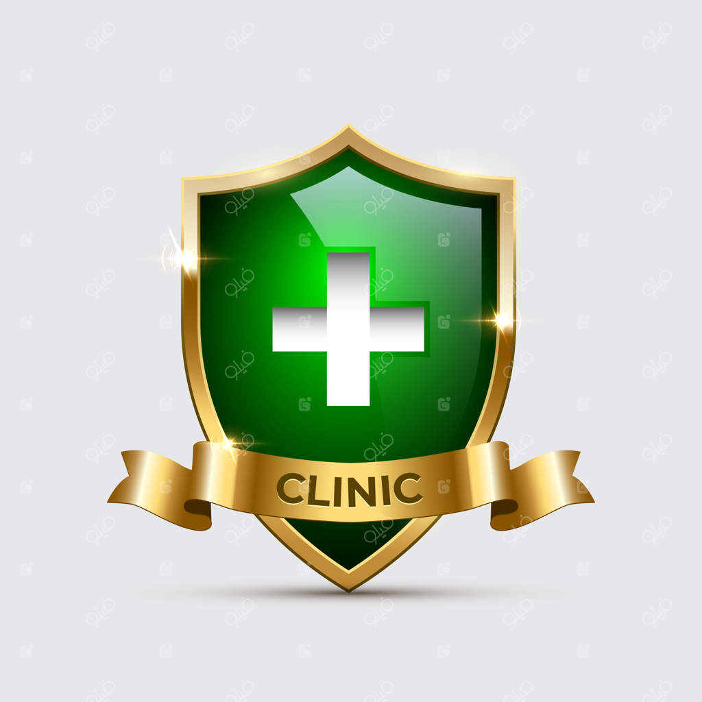 سپر شیشه‌ای با قاب طلایی، علامت صلیب و روبان با کلمه کلینیک روی زمینه خاکستری.