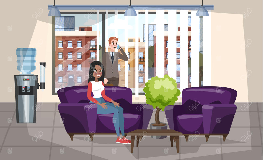 دکوراسیون داخلی سالن انتظار دفتر یا بانک با مبلمان مدرن