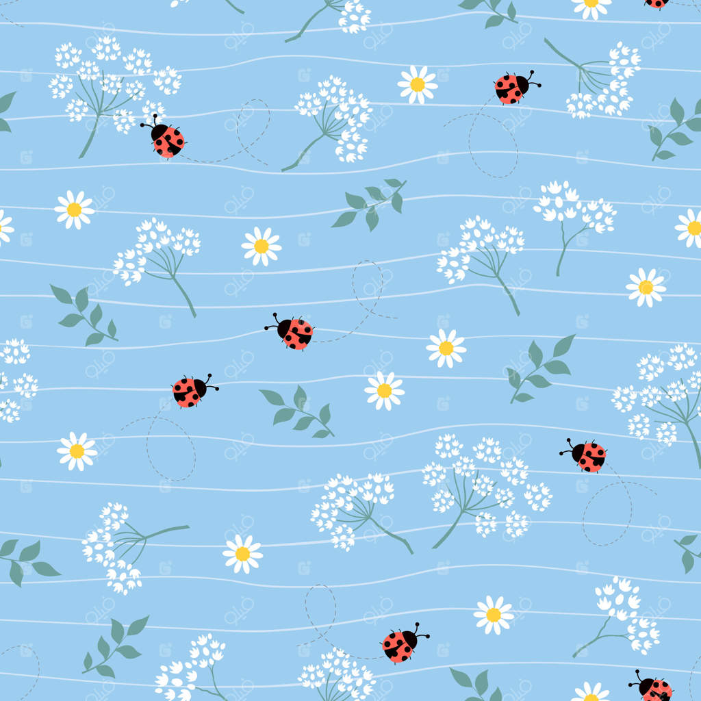 پترن بی‌وقفه از گل‌ها و کفشدوزک‌ها در باغ بهاری