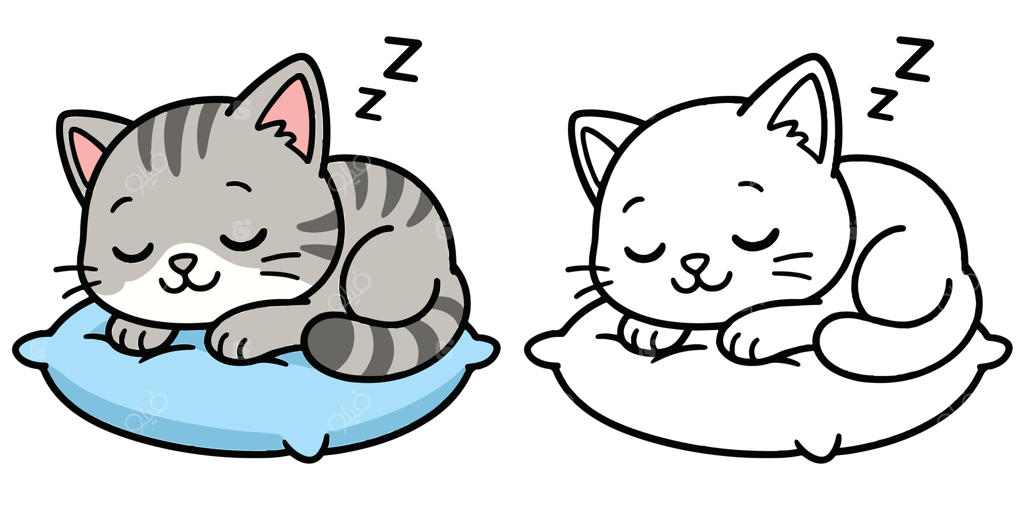 دفتر رنگ‌آمیزی کودکان: طرح کارتونی گربه خواب‌آلود در حال چرت روی بالش