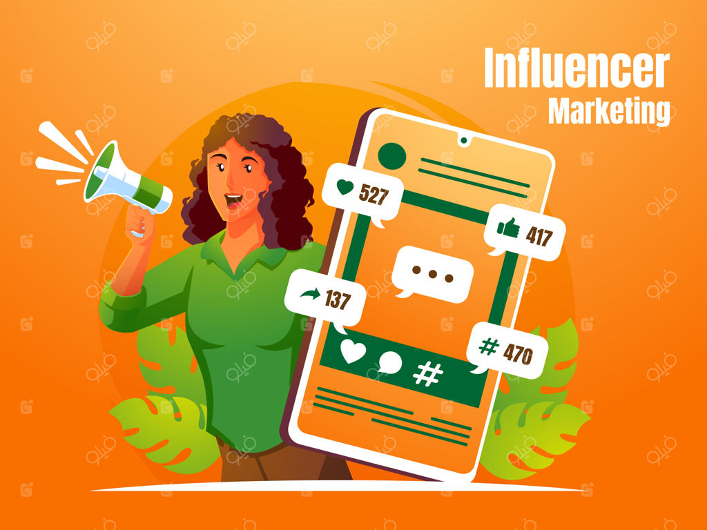 زن فریادزن با بلندگو و مفهوم بازاریابی تأثیرگذار در شبکه‌های اجتماعی