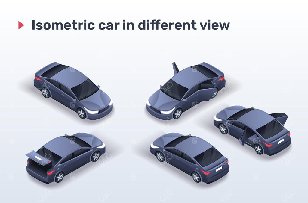 نمای ایزومتریک خودروی مشکی از زوایای مختلف (با درها و صندوق عقب باز)
