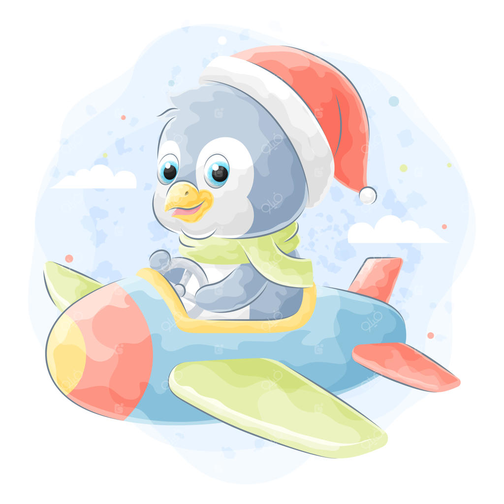 نقاشی آبرنگی پنگوئن بامزه‌ای که سوار هواپیما شده است