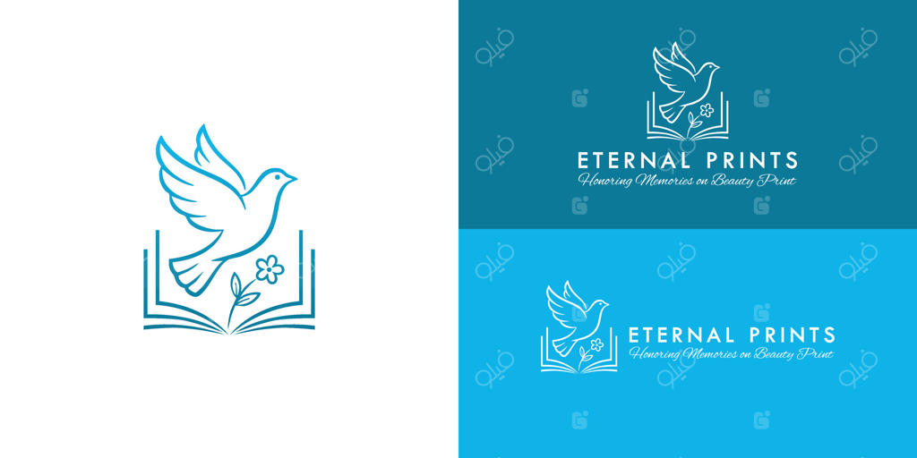 لوگوی مدرن برای شرکت چاپ یادبود با نمادی از کبوتر آرام و گلی که از کتابی باز می‌شکفد: نمادی از آرامش، یاد و ماندگاری خاطرات چاپی.
