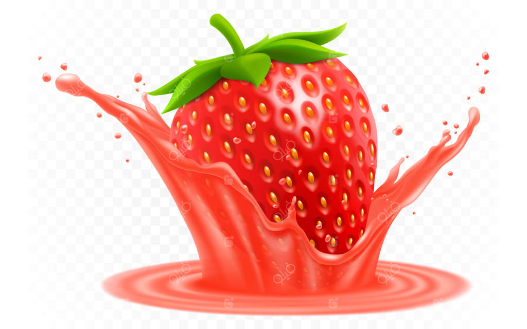 توت فرنگی تازه در قطره‌ای از آبمیوه یا ماست - برخورد میوه به آبمیوه - تصویر سه‌بعدی واقع‌گرایانه روی زمینه سفید - خوراکی شیرین و میوه ارگانیک